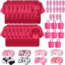 32Pcs Spa Satin Kimono Robes Spa Headbands Disposable Foam Slippers Tote Bags For Salon Pedicure Party Favors For Little Ones