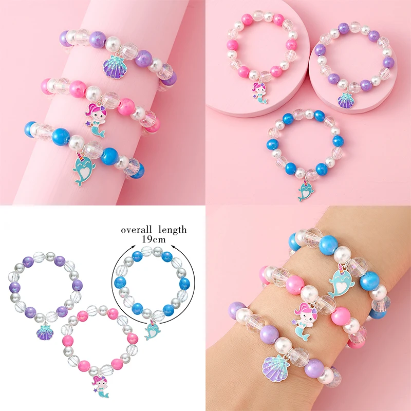 3Pcs/set Handmade Stretch Coloured Beaded Bracelets with Shell Mermaid Dolphin Charm for Women Girls Jewelry