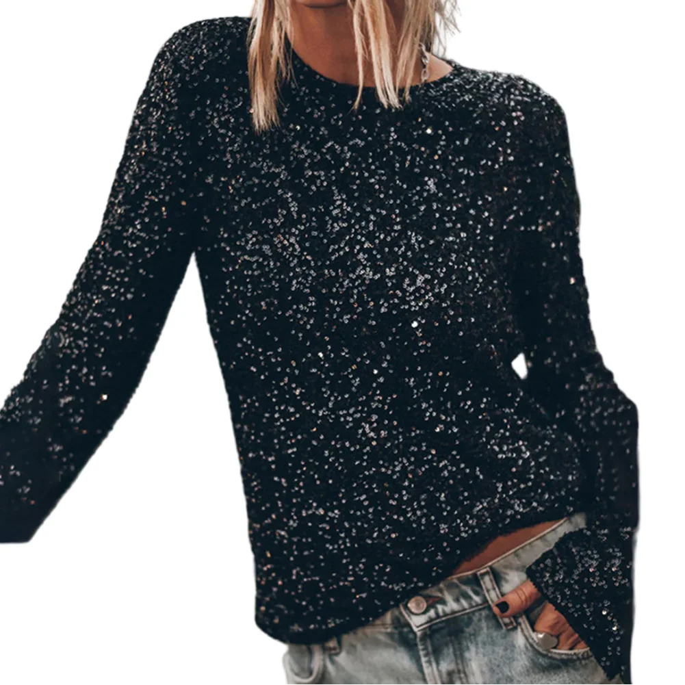 Mulheres outono inverno lantejoulas mangas compridas em torno do pescoço camisa festa casual solto topos