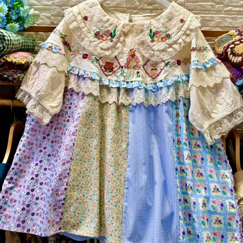 Vintage Sweet Cotton Patchwork Ruffled Lace Peter Pan Collar Blouse Floral Embroidery Short Sleeved Loose Tops Decora Shirt