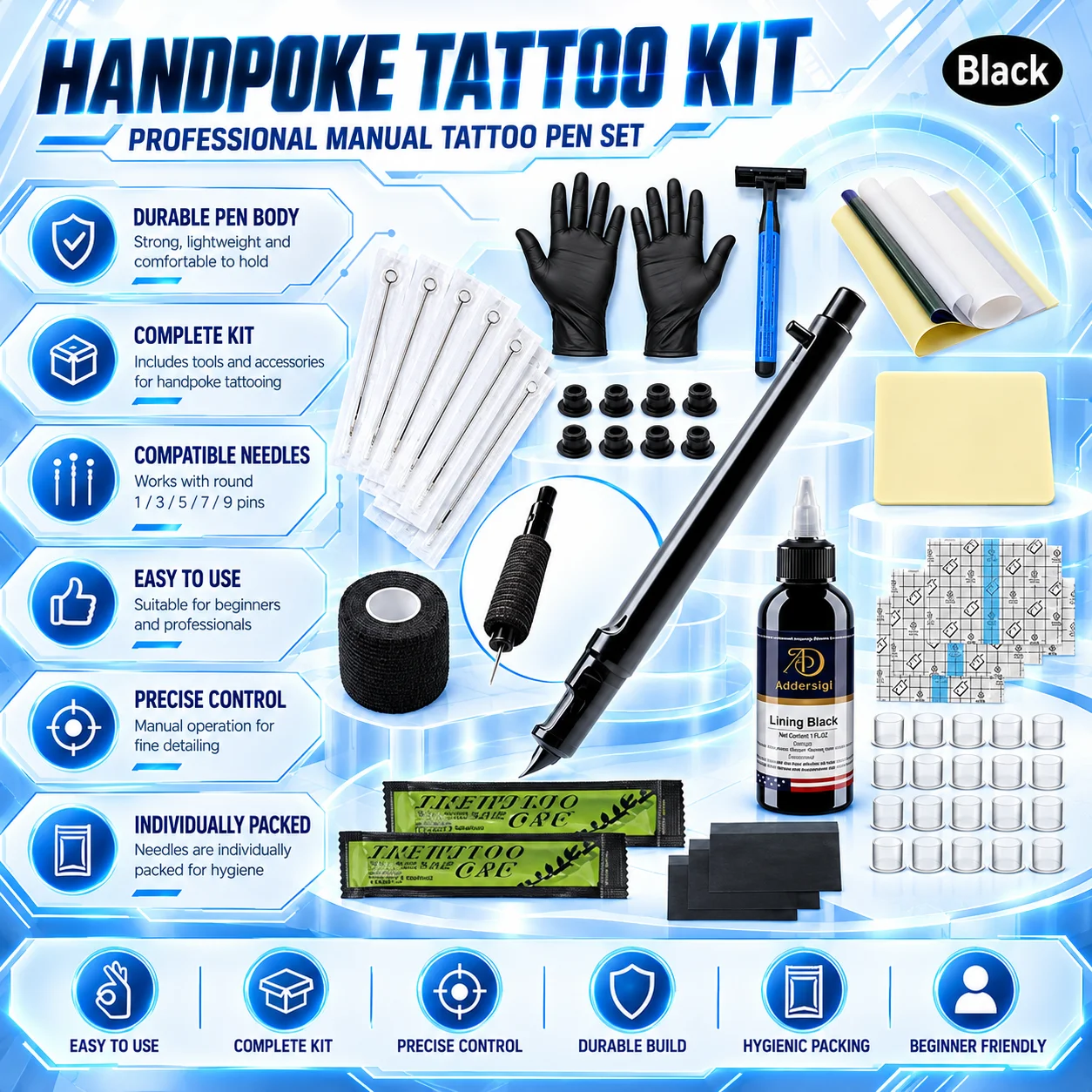 Audersigt Hand Poke Tattoo Kit Stick and Poke Set with Ink Needles Accessories for Beginner Body Art Practice