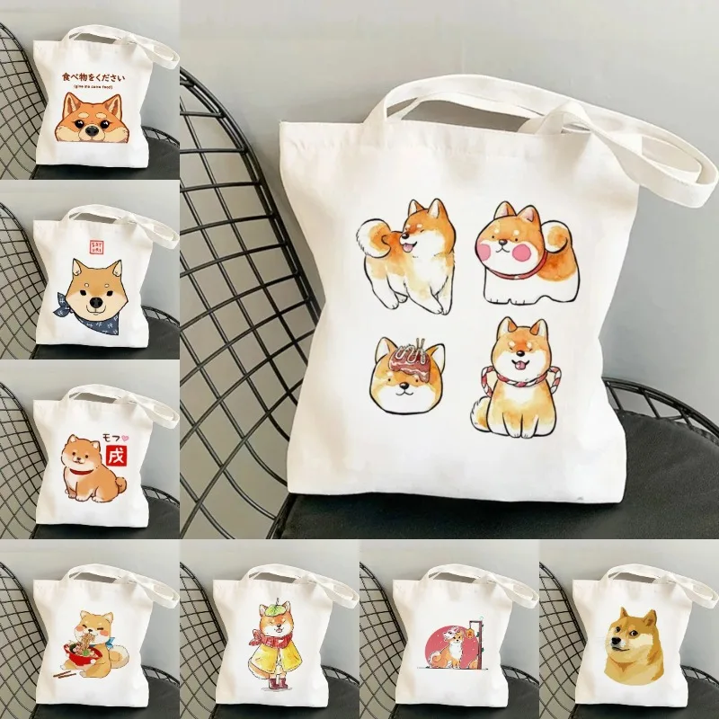 Women Casual Tote Handbag Large Capacity Reusable Female Students Cartoon Graphic Shoulder Bags Shiba Inu Printing Shopping Bag
