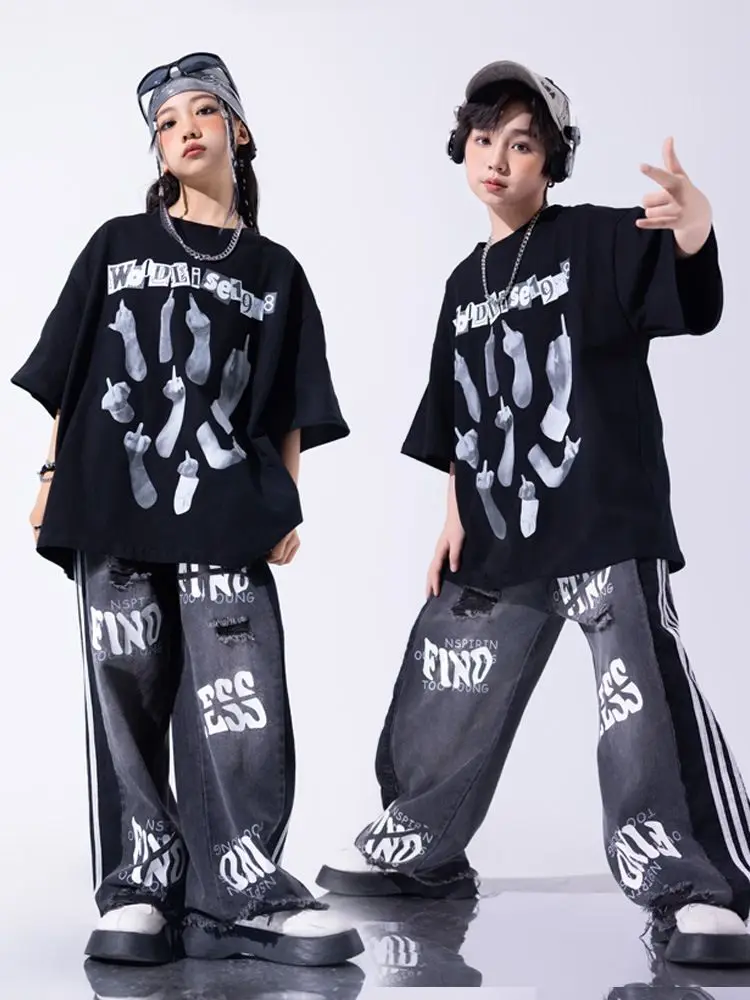 ملابس رقص هيب هوب مراهقة ، قمم فضفاضة لرقص الشوارع للأولاد ، سراويل بضائع سوداء ، زي أداء لموسيقى الجاز للفتيات