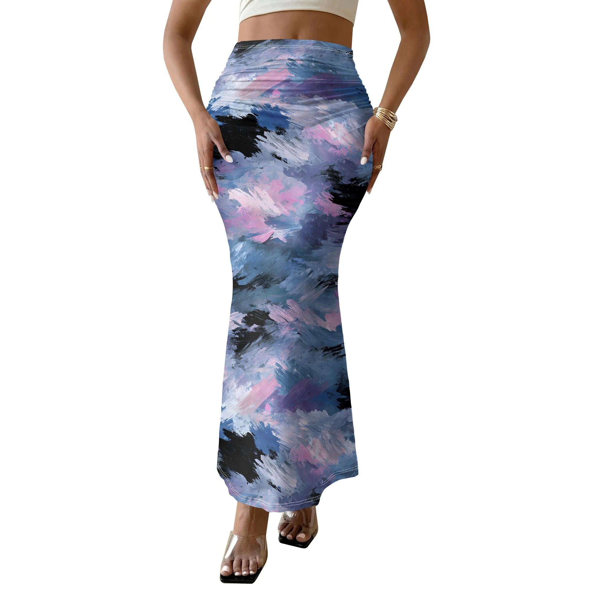Abstract Print Skirt Brushstroke Pattern Midi Skirt Artistic Design Long Skirt Elastic Waist Mermaid Skirt Casual Party Wear