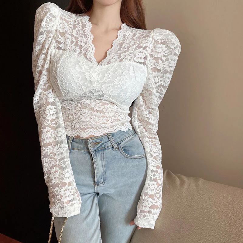 Gidyq Sexy Hollow Out Women T Shirts Korean Casual Lace Long Sleeve Cropped Tops Y2K All Match Elegant Female White Tees