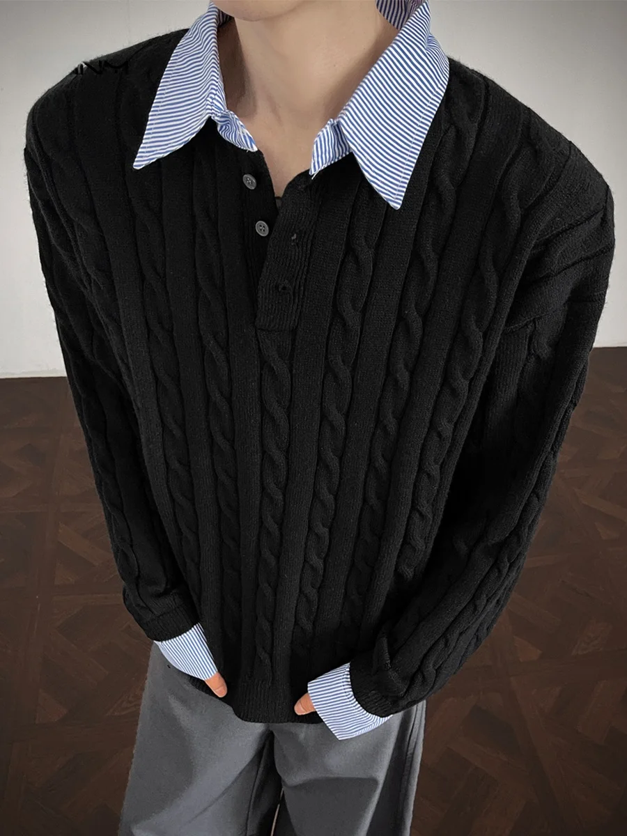 

Retro Collar Knitted Sweater Men's Autumn Color Blo Thiened Cable Knit Overhead Casual Sle Polyester Fiber Long Sl...