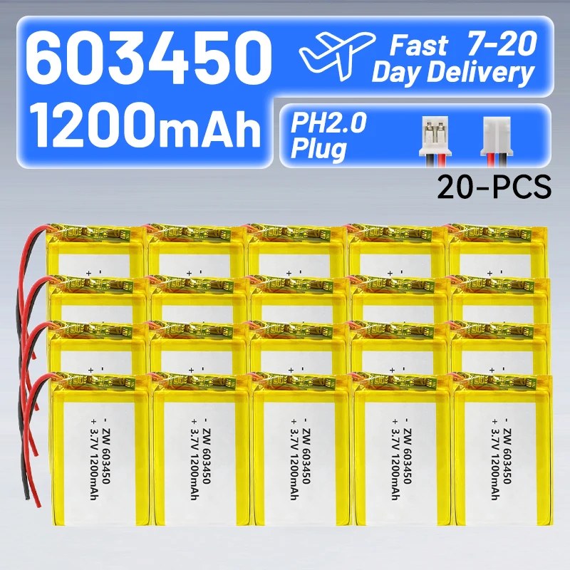 2/5/10/20Pcs 3.7V 1200mAh 603450 Lithium Polymer Ion Battery JST1.25 PH2.0/XH2.54 Connector for  Laser pen small fan GPS locator