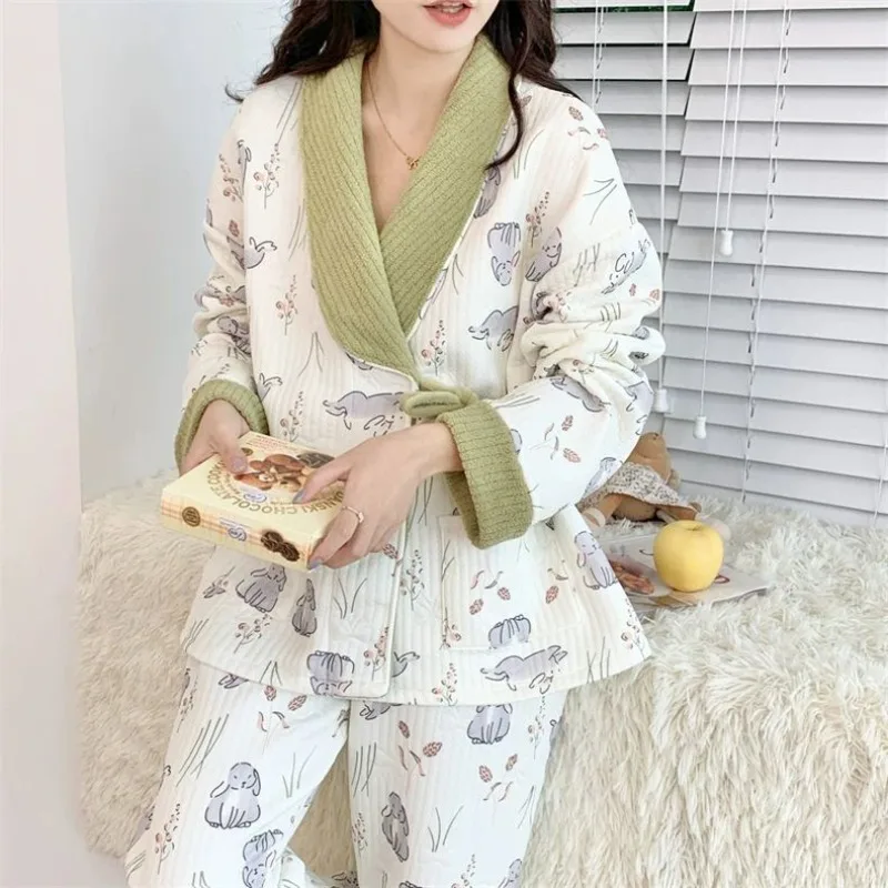 

Autumn Winter Pajamas Women's Air Cotton Kimono Extra Large Size Fat MM100kg Japanese Spring Autumn Interlayer Loungewear Set