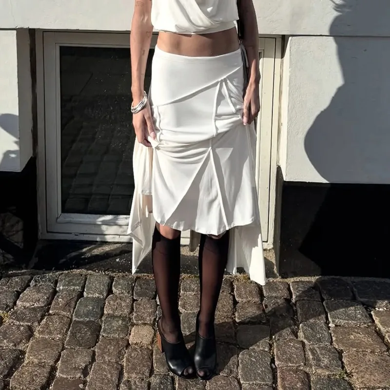 Women Split Patchwork Midi Skirt Irregular Hem Loose Slim Fit Y2K Long Skirt S M L XL