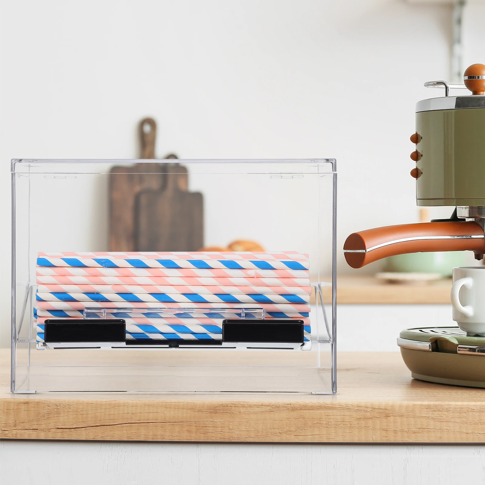 

Acrylic Straw Box Pressing Dispenser Container Adhesive Holder Reusable Organizer Kitchen Bar Storage Easy Clean Non Slip Bottom