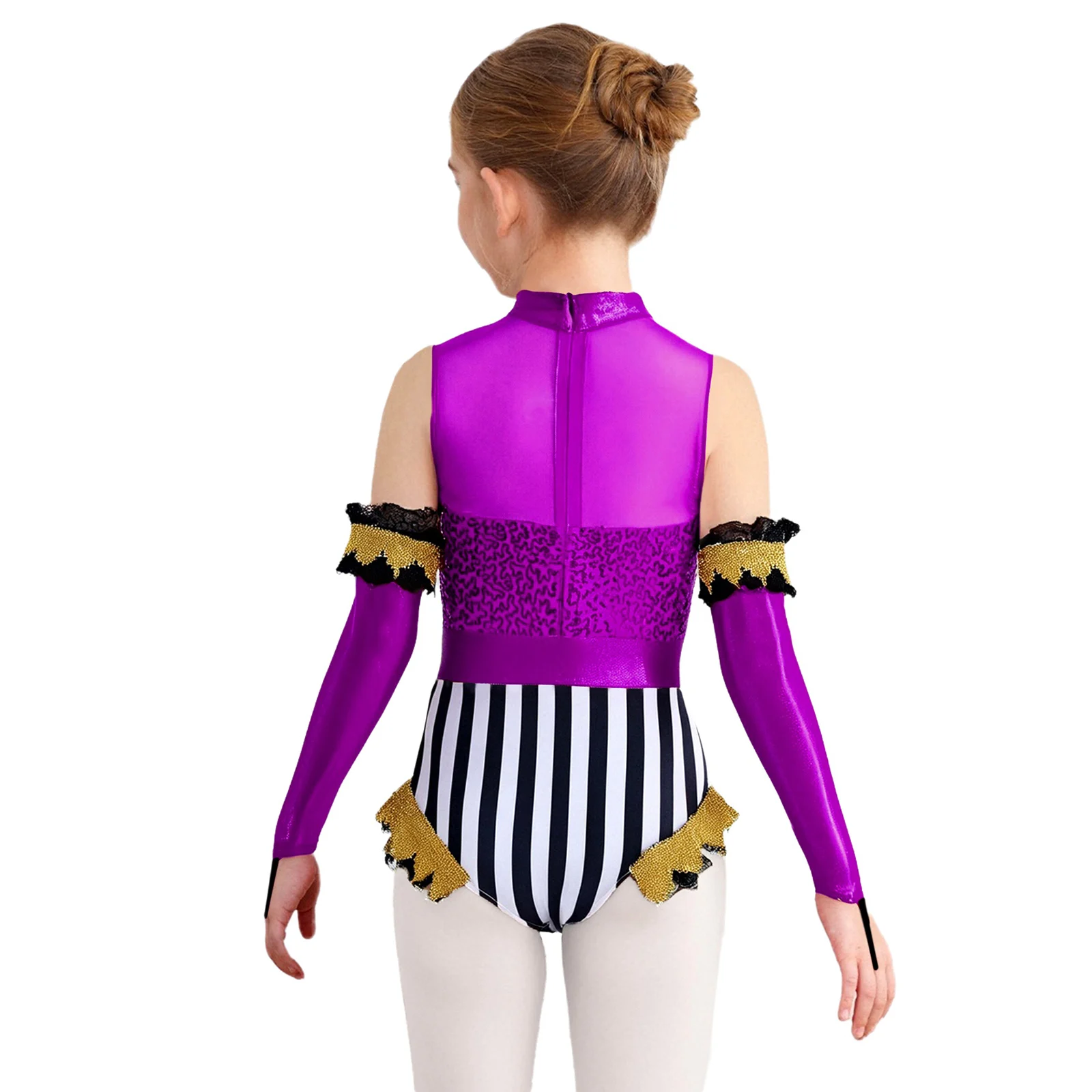 Zirkus-Overall für Mädchen, 2-teilig, ärmellos, Spitze, goldfarbenes Gurtband, Pailletten, Body + glänzende metallische Over-Sleeve-Halloween-Cosplay-Kostüme