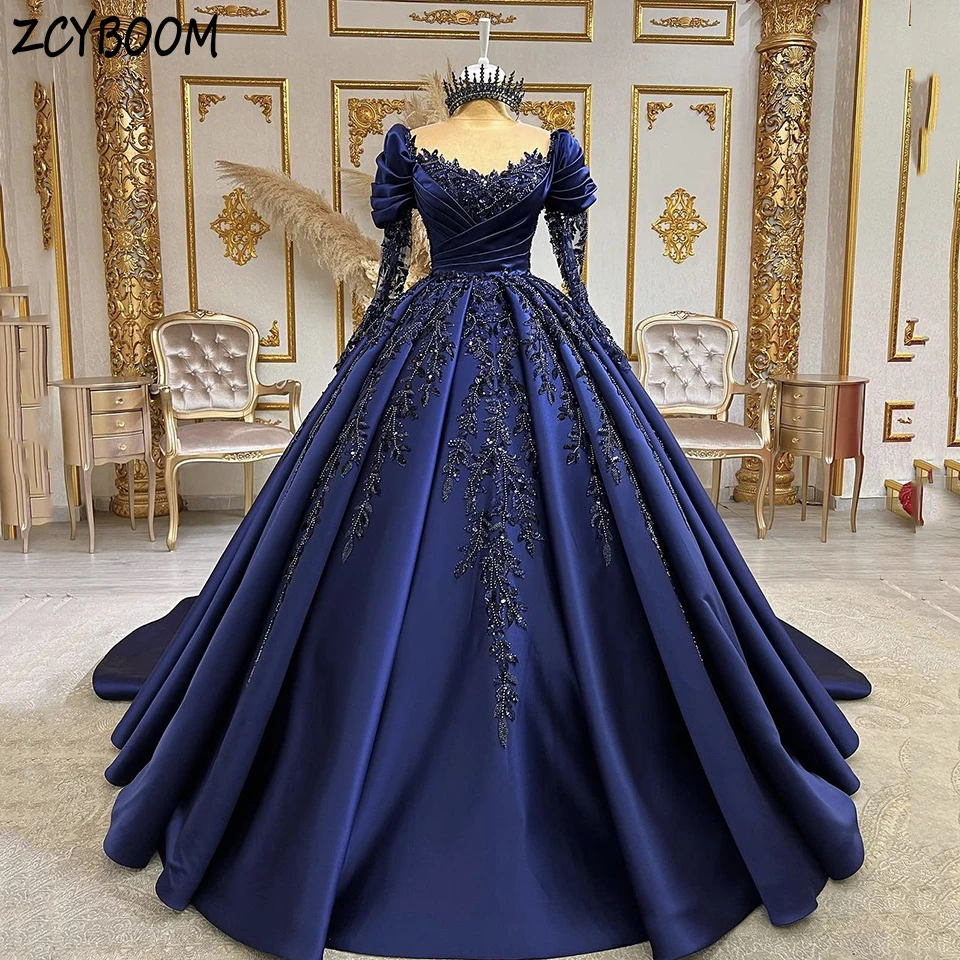 Customized Elegant Navy Blue Sequin Appliques Long Sleeves Quinceanera Evening Dress 2024 Ball Gown Princess Prom Dress