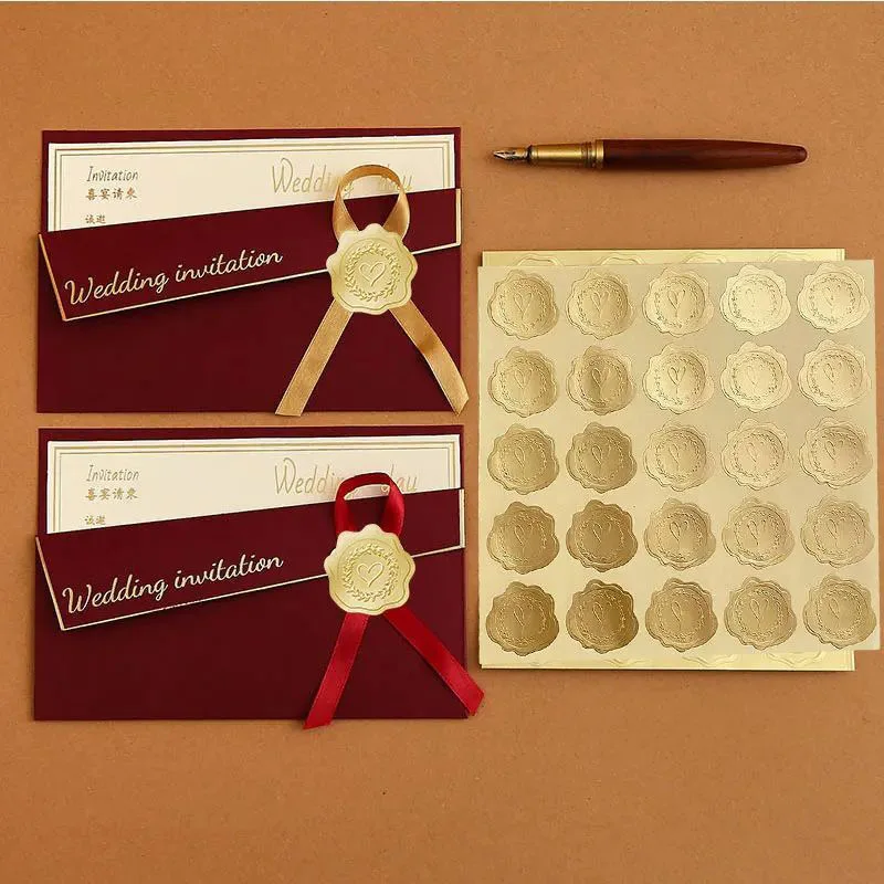 Gold Embossed Heart Sticker Envelope Sealing Sticker Wedding Party Invitation Card Thank You Christmas Gift Packaging Decoration