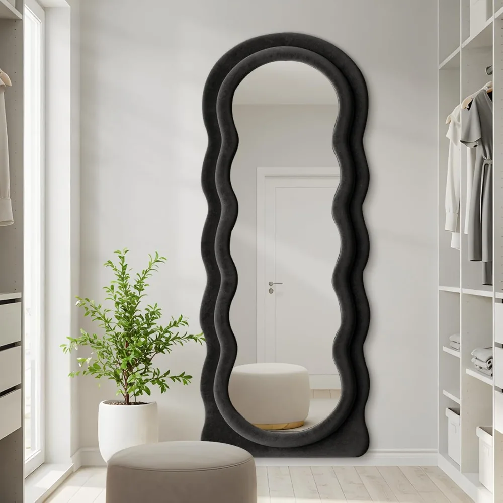 Specchio da parete a figura intera con cornice ondulata ad arco 63x24, da terra, flanella nera, specchio da parete pendente pendente per il riflimento completo del corpo