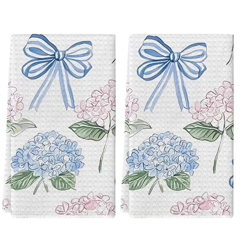 2Pcs, Hand-Painted Hydrangea Bow Kitchen Towels, 40Cm*60Cm Towel Set, Best Kitchen Towels, Super Absorbent Soft Cleaning Cloth, Cooking and Baking Tea Towels, Hand Towels, Cleaning Cloths, Dishcloths, Kitchen Decor, Living Room Decorations, Kitchen Essentials, Home Essentials