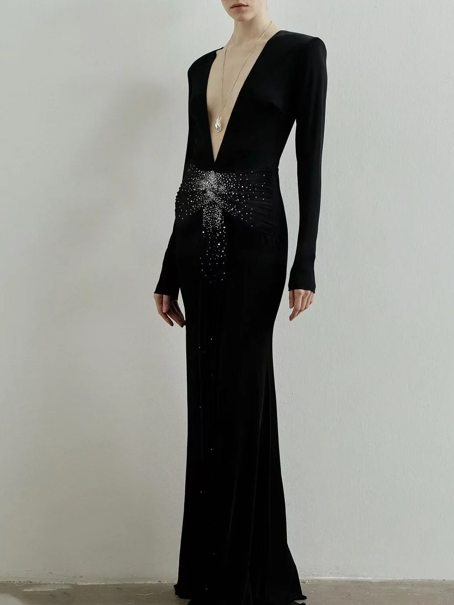 ملابس نسائية شتوية 2025 ثوب مسائي مع أحجار الراين، مشد، فستان نسائي أنيق، Y2K موضة جديدة، تنورة طويلة عالية الجودة #2