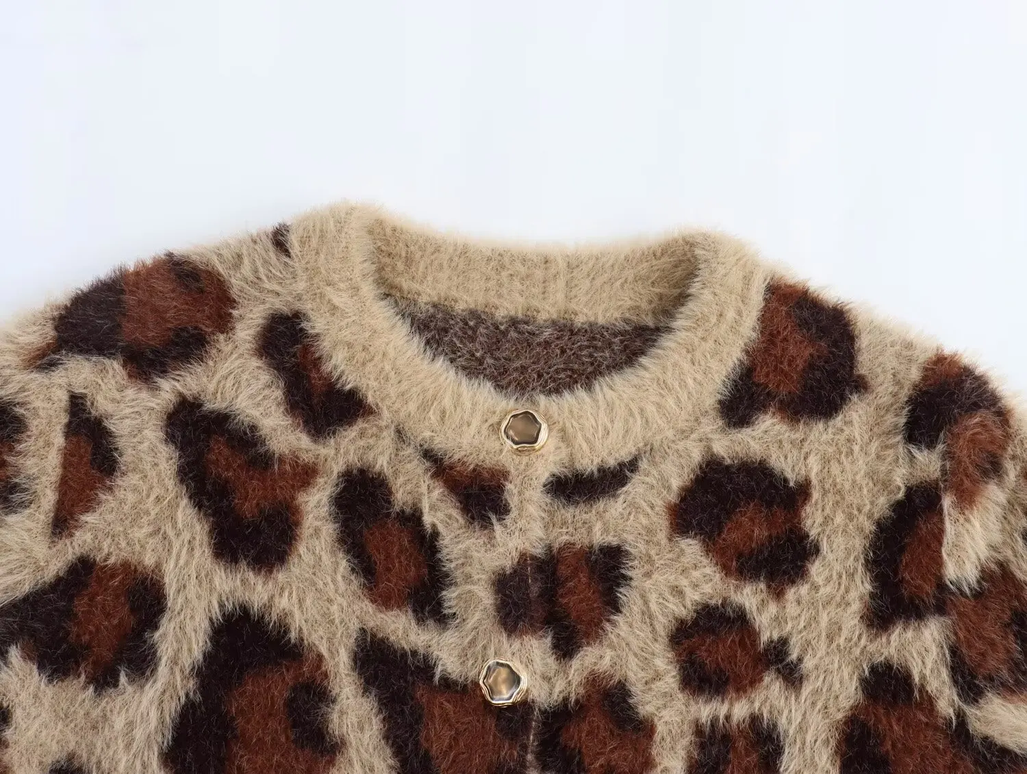 JACQUARD FAUX FUR KNIT CARDIGAN traf winter new leopard print jacquard skin-friendly knit short round neck cardigan for women