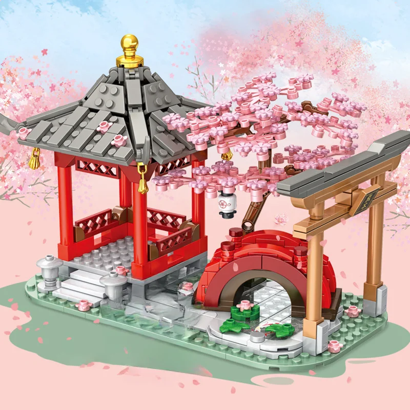 Sakura Park Moc 880011 Prieel Kleine Brug Boom Ideeën Buliding Bakstenen Stad Street View Architectuur Modelblokken Speelgoed Set Geschenken