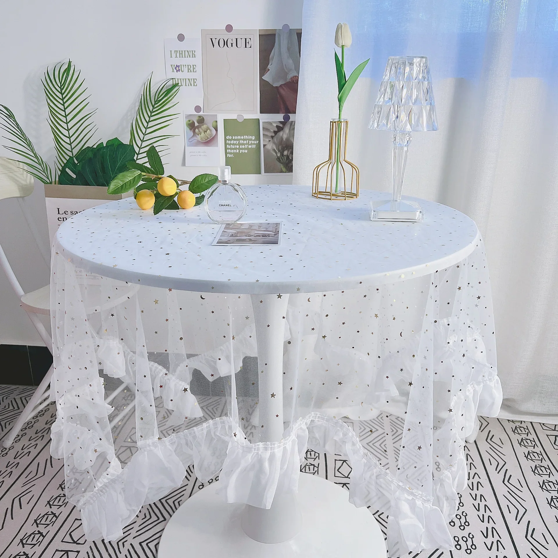 Ins Style Lace Table Cloth Student Desk Tea Table Table Cover Solid Color Round Tablecloth Dustproof Birthday Table Tablecloth