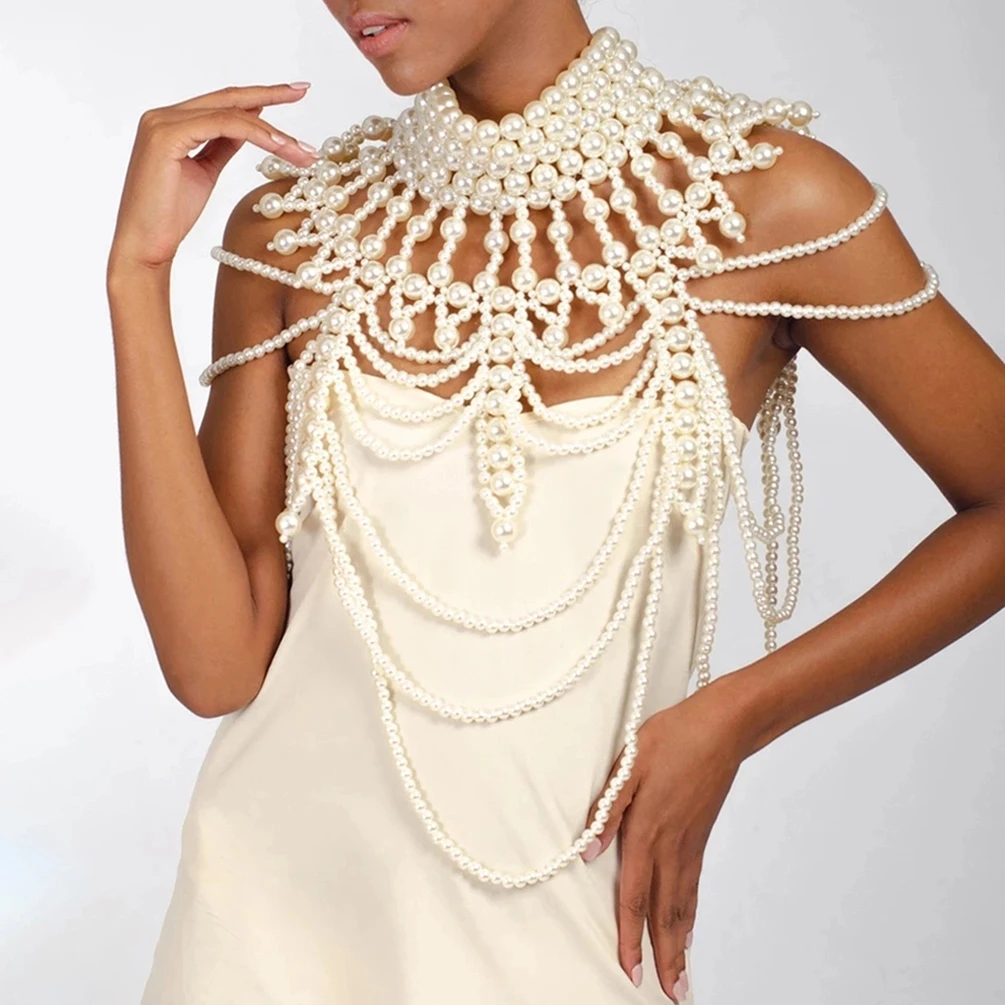TOPQUEEN VG39 Pearls Beaded Sexy Body Chain Chest Chain Exaggerated Necklace Gorgeous Handcrafted Sexy Bikini Accessories Cape
