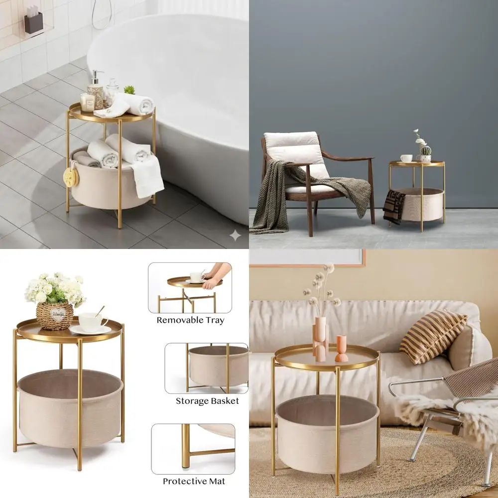 

Пара золотых металлических приставных столиков с тканевыми корзинами и съемными подносами для домашнего использования