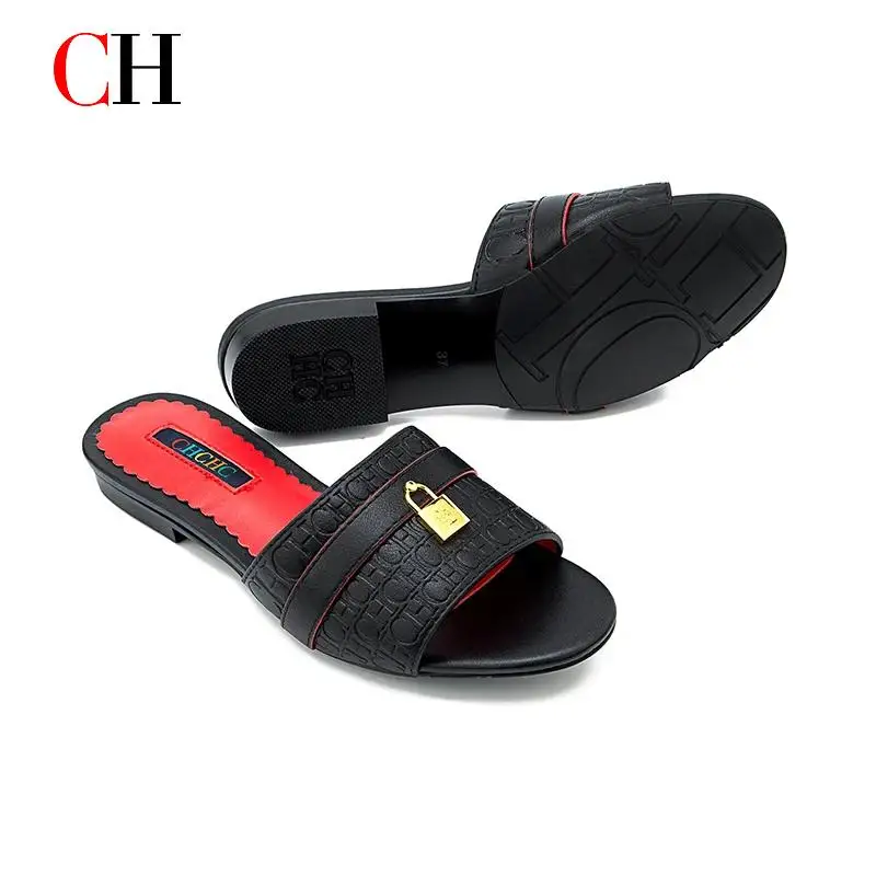 

CH Womens Slide Sandals Lock Decor Flat Sandals Luxury Designer Slippers Summer Beach Shoes Casual Open Toe Slides New Arrival