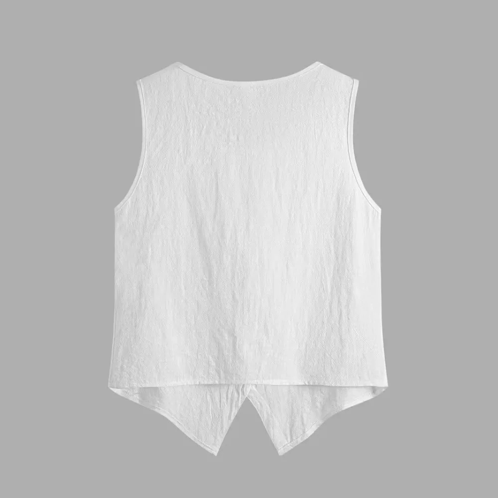 Women Lace Trim Round Neck Tank Top Wooden Button Front Open Sleeveless Casual Vacation Ladies Vest Tops