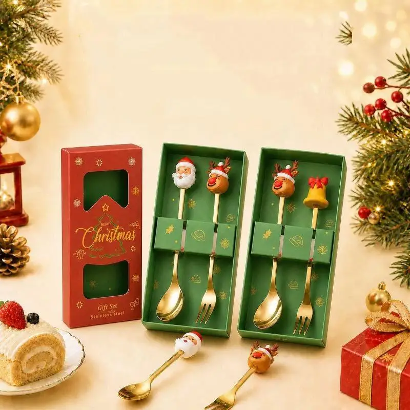 Stainless Steel Coffee Spoon Creative Christmas Dessert Spoon Cake Fork Cartoon Elk Spoon Fork Gift Box