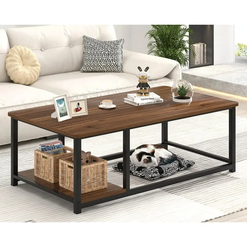 Mesa de centro moderna, mesa central rústica de madeira e metal para sala de estar, mesa de chá retangular industrial com armazenamento S