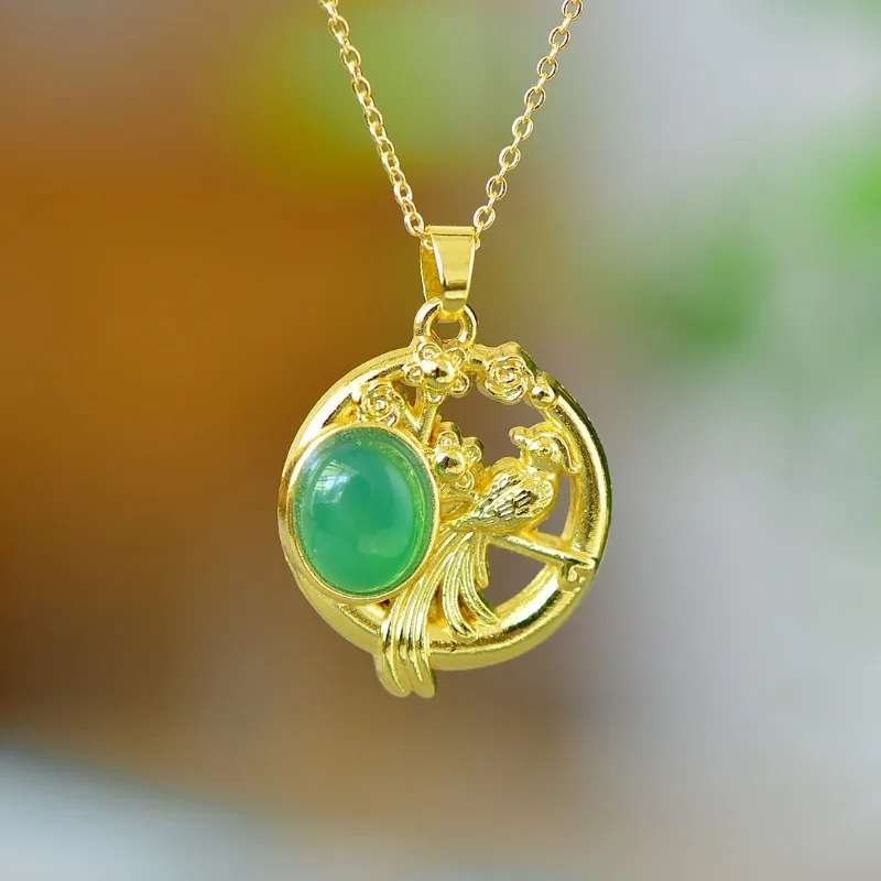 Copper Inlaid Chalcedony Green Egg Surface Happy Eyebrow Pendant Emperor Green Chalcedony Water Drop Hollow Necklace Women's