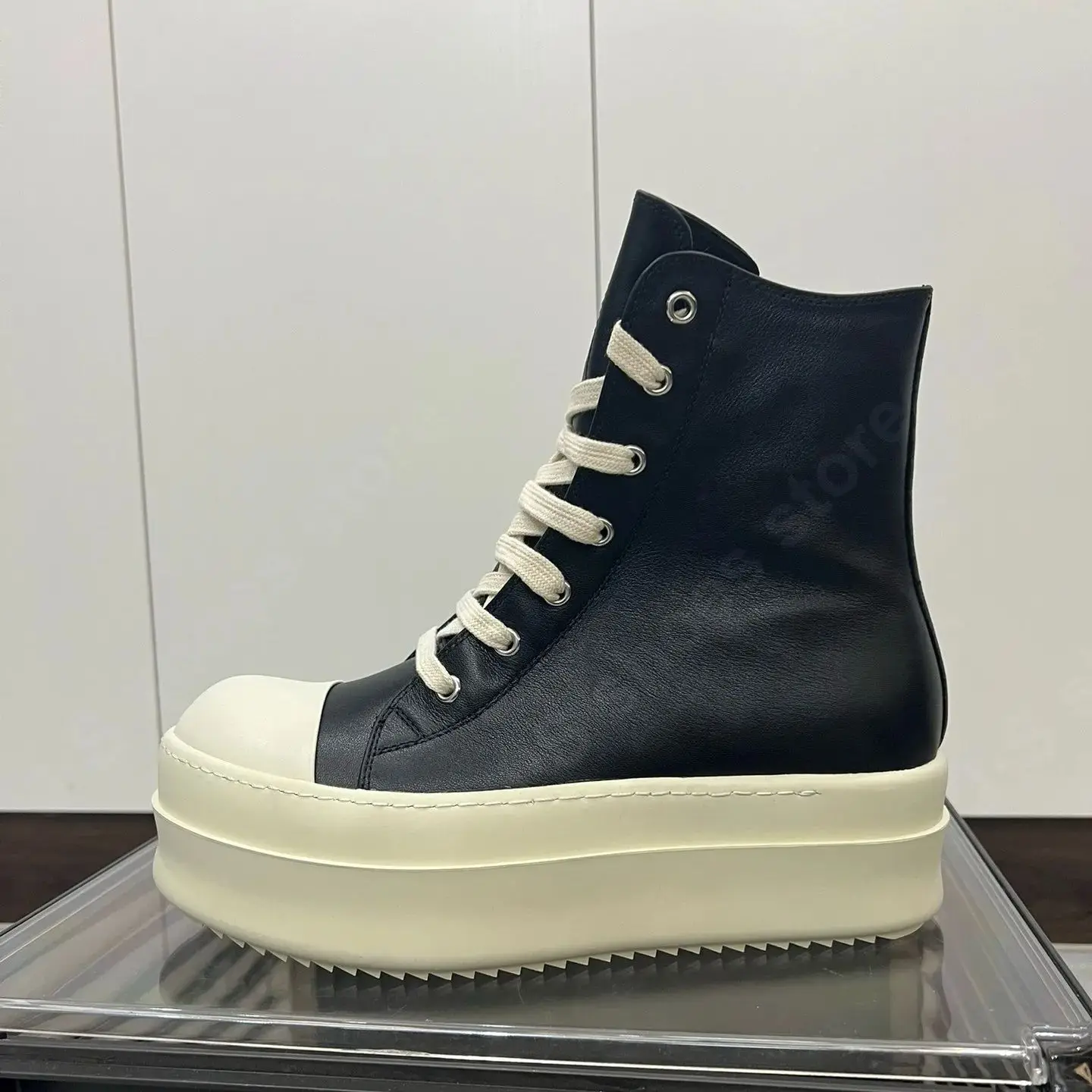 

Ricks Luxury Men Shoe Women Sneaker Ankle Boot Owens High Top Casual Shoes Black Leather ZIP Laces 6cm Thick Sole Sneakers Boots