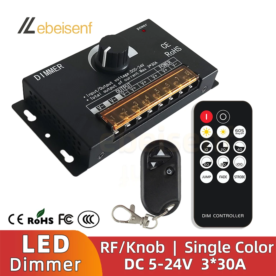 High Power LED Knob Dimmer DC 5-24V 30A * 3 Way Black Iron Shell collocation RF Wireless Remote for PWM Single Color Strip Light