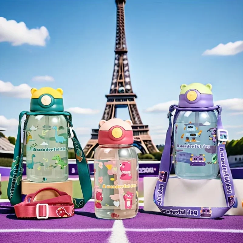 650ml/21.98oz Cartoon Straw Motorcycle Water Bottle BPA Free material with Shoulder Strap, Ideal for School, Travel & Gifting