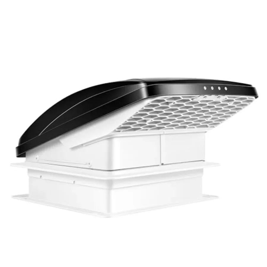 RV roof vent fan for ventilation, smoked polycarbonate, black, 6-speed reversible 12V with built-in rain shield, 14 x 14
