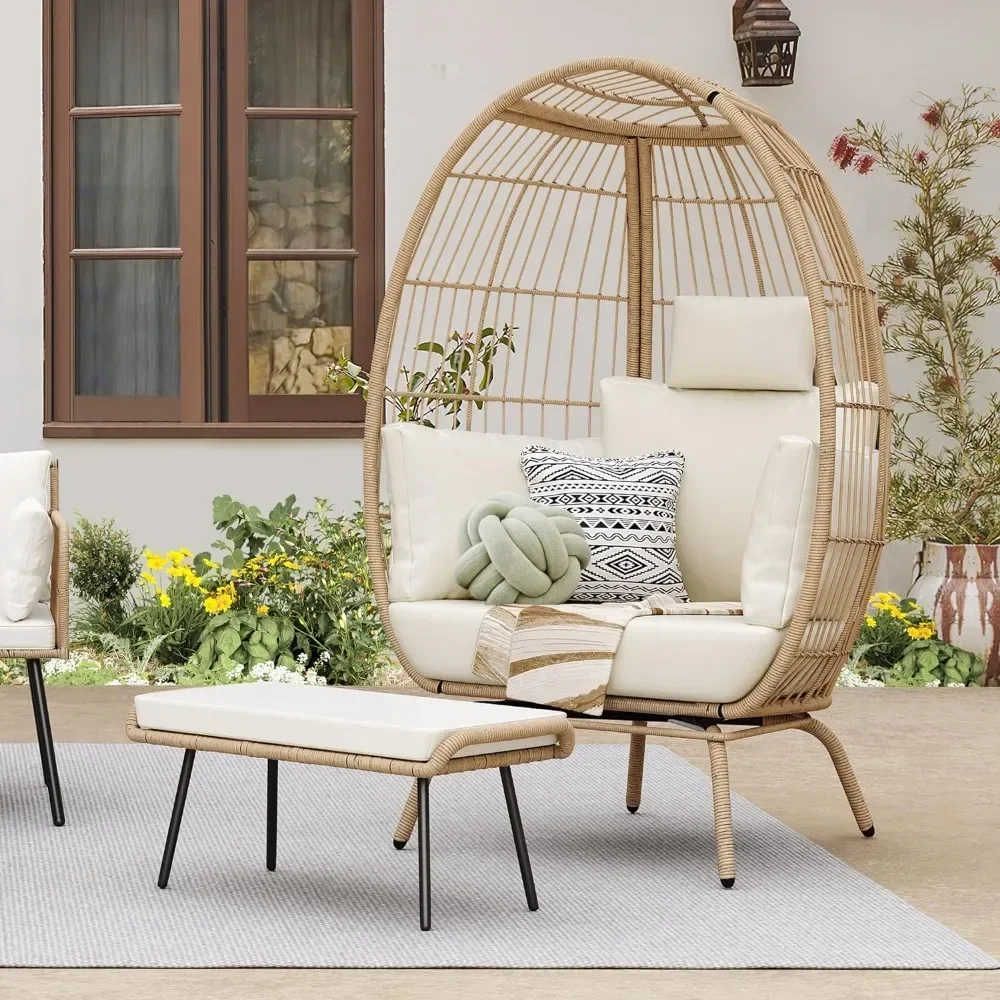 

Egg Basket Chair, Wicker Egg Chair with Ottoman Outdoor Indoor Oversized Lounger with Stand, Cushions, Patio Swing