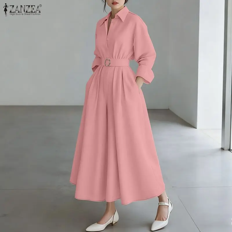 ZANZEA نساء موضة مربوط فساتين طويلة ملابس علوية بأكمام طويلة للربيع نصف أزرار بياقة ماكسي قميص فستان ملابس امرأة 4 ألوان S-3XL #1