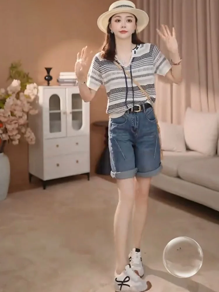 Korean Sle Ice Silk Knitted ort Sve Top Women's Faion Color Blo Striped Loose Fit Summer Trendy Versatile Top