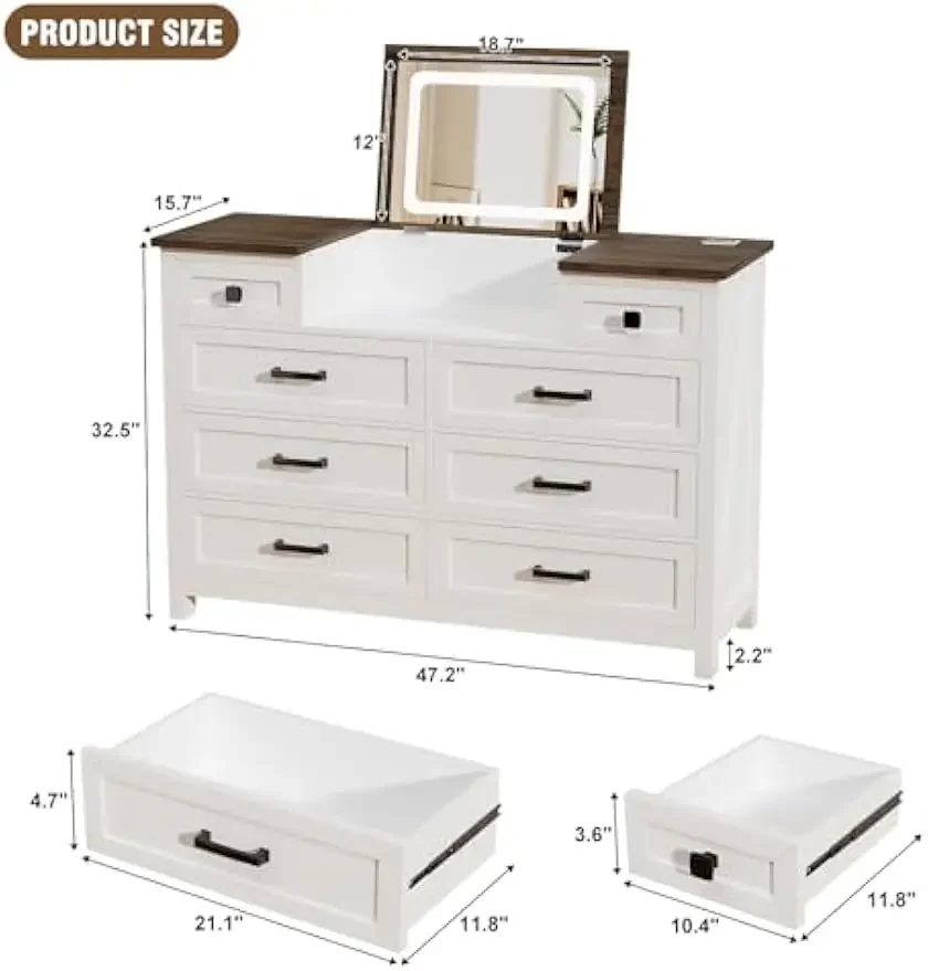 Mirror for Bedroom, 8 Drawer Dresser with Charging Station, Farmhouse Chest of Drawers for Bedroom, Hallway, Kids Room