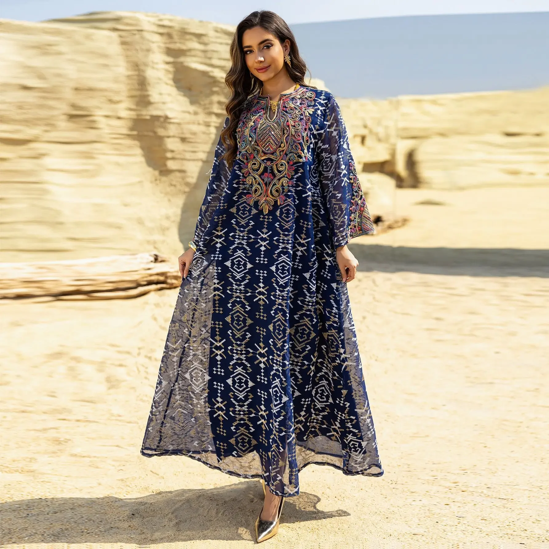 Eid Mubarak 자수 Abayas 여성용 이슬람 드레스 두바이 Kaftan 라마단 이슬람 Jalabiya 아랍어 가운 Caftan Femme Musulmane 가운