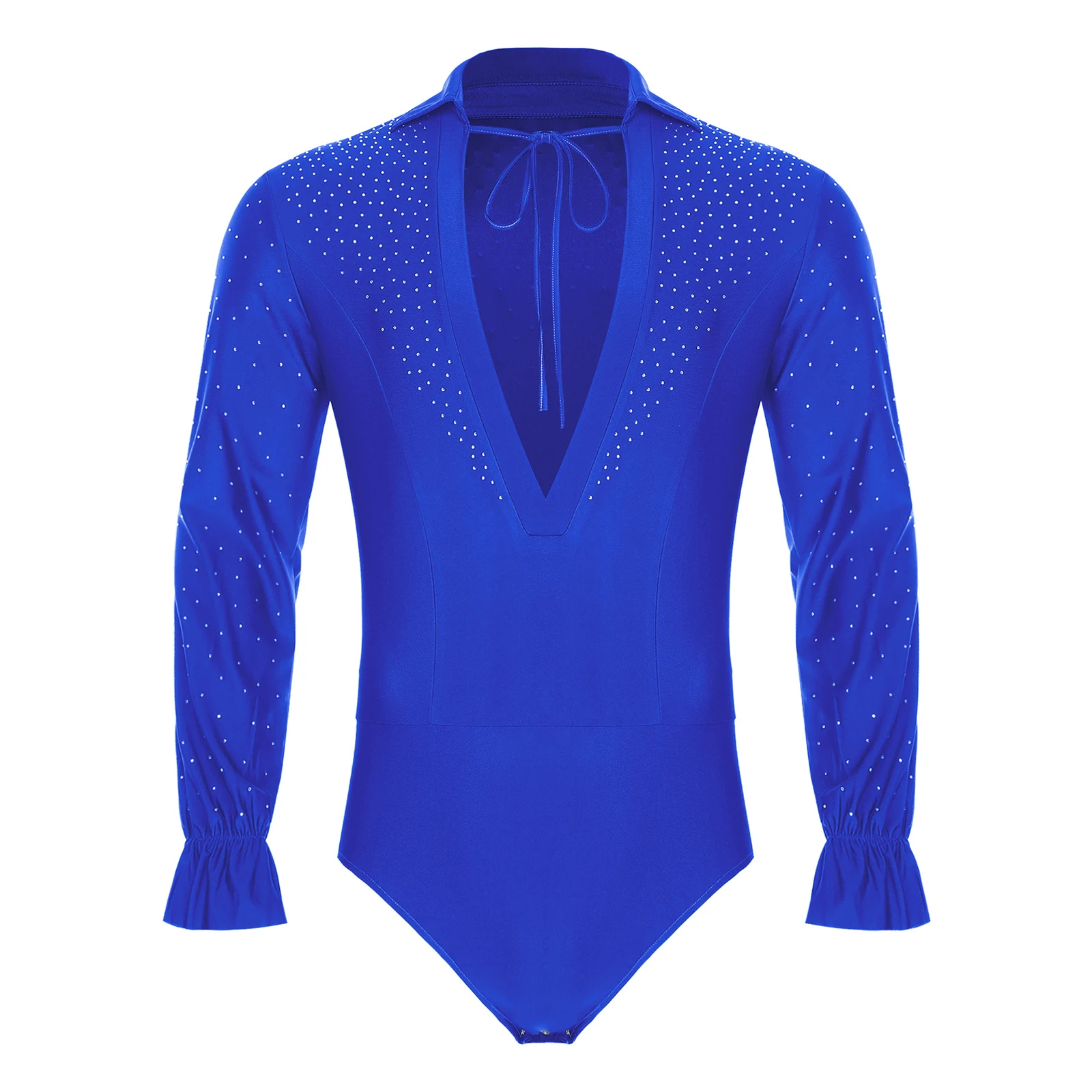Mens Stage Ballroom Dance Performance Competition Costume V Neck Long Sleeve Glitter Rhinestones Latin Ballet Leotard Dance Wear