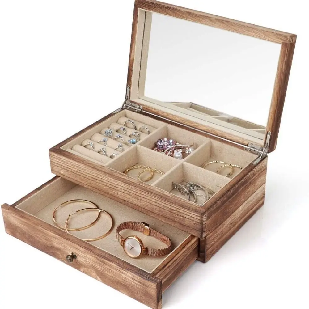 Double Layer Wooden Jewelry Display Box Vintage Multicompartment Lipsticks Storage Holder Soft Lining Large Capacity