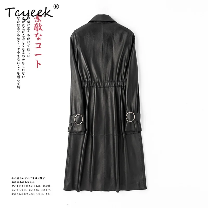 Tcyeek Sheepskin Spring Autumn High End Square Neck Black Medium Length Women's Genuine Leather Jacket Женская Кожаная Куртка