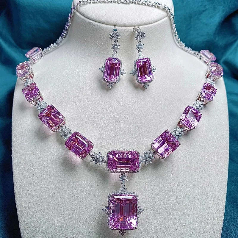 luxo aneis de cristal rosa conjuntos de joias para as mulheres cor prata brincos de casamento gargantilha de noiva charme feminino 01