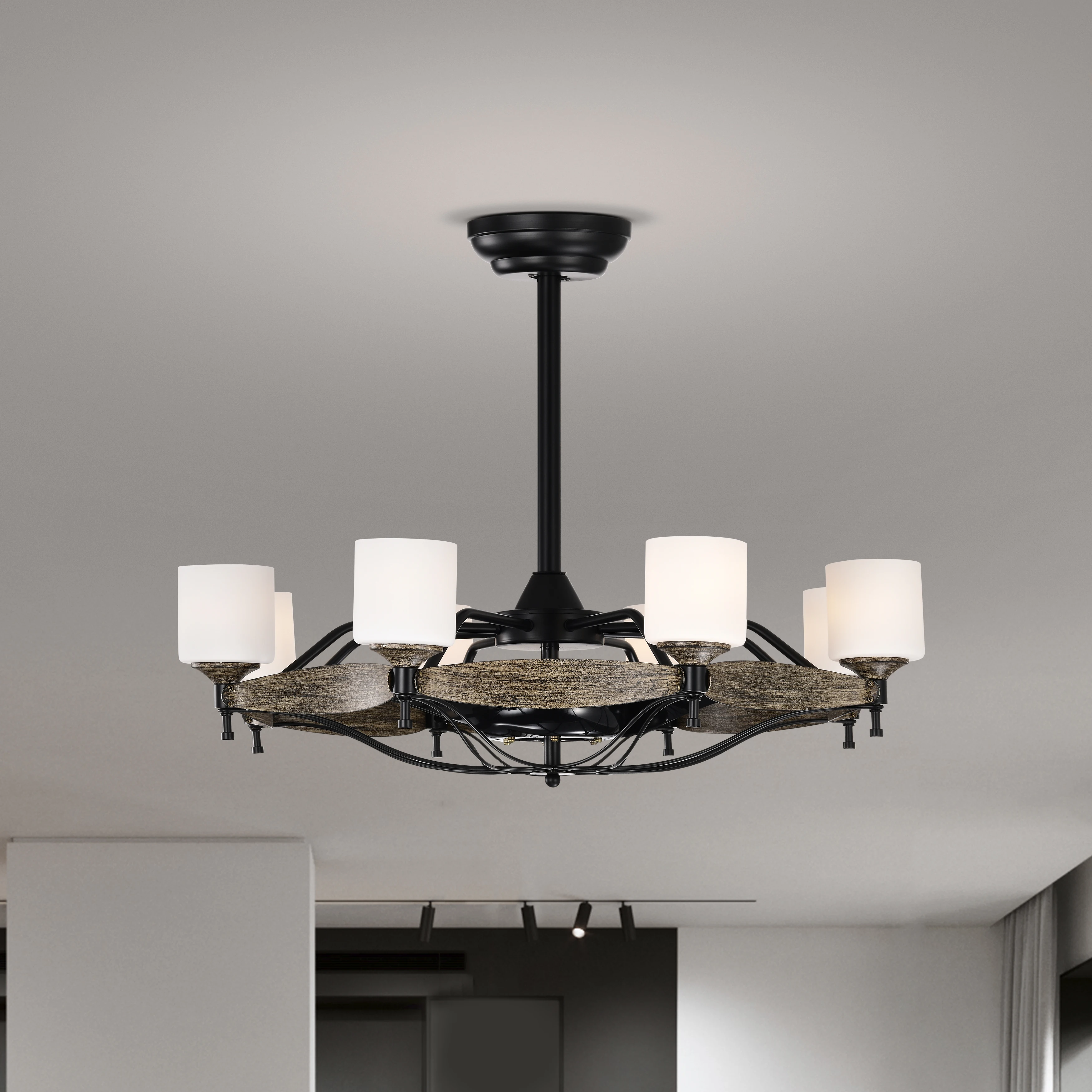 

Dia 33 inch Chandelier Ceiling Fan for Bedroom Dining Room Living Room Kitchen Farmhouse Entry,Matte Black+ Wood Grain