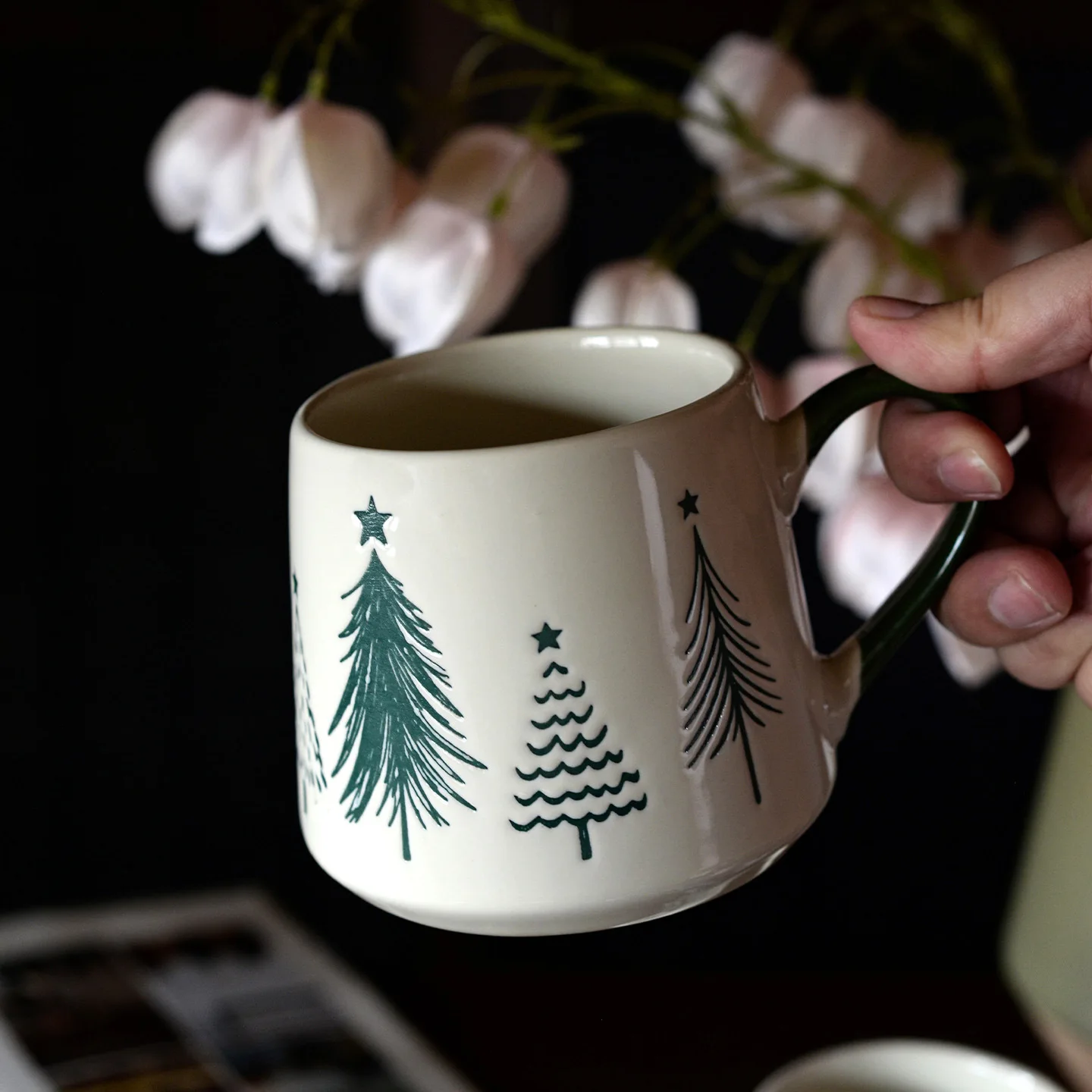Christmas Tree Ceramic Mug Pine Pattern Coffee Milk Drinking Cup For Home Office Breakfast Daily Beverage Table Party Use