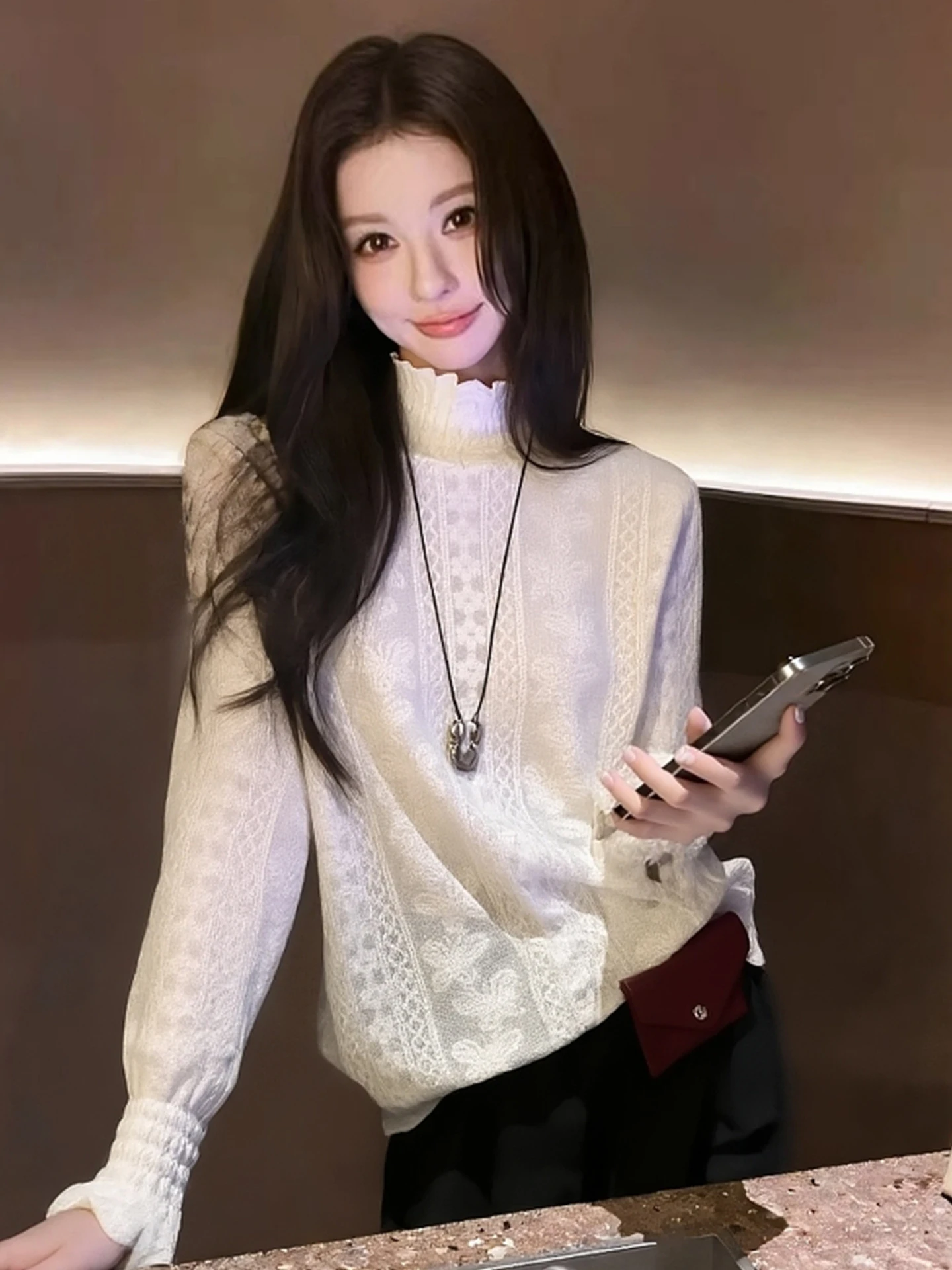 

Женский топ с высоким воротником и длинными рукавами, с кружевными вставками, вязаный, в корейском стиле, осенне-зимний, теплый, дышащий