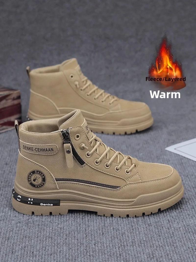 

Men's Winter Boots Fleece Lined Work Boots British Style Waterproof Anti-slip Construction Boots Youth Trend Low Top