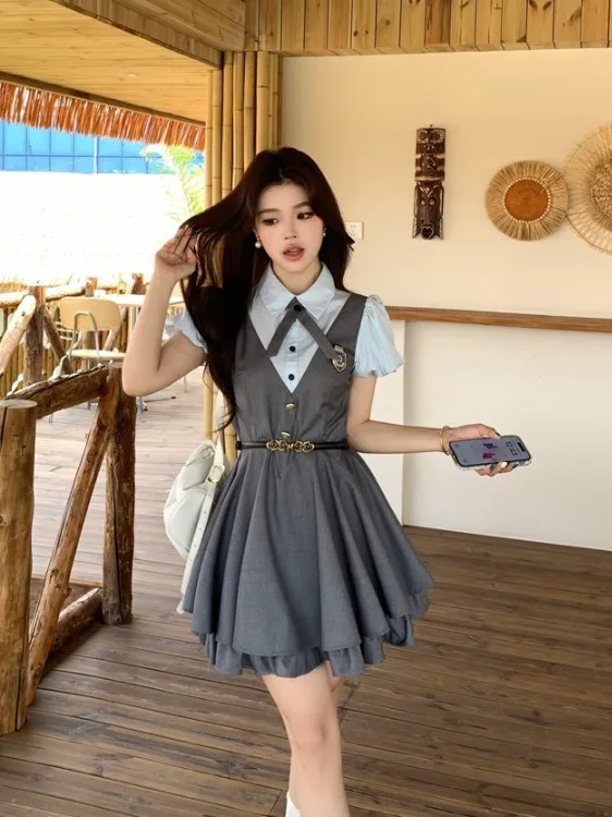 

plus Size Women's Summer Short Sleeve Dress A-Line Skirt Waist Cinching Color Block Fake Two-Piece Style Korean Commute