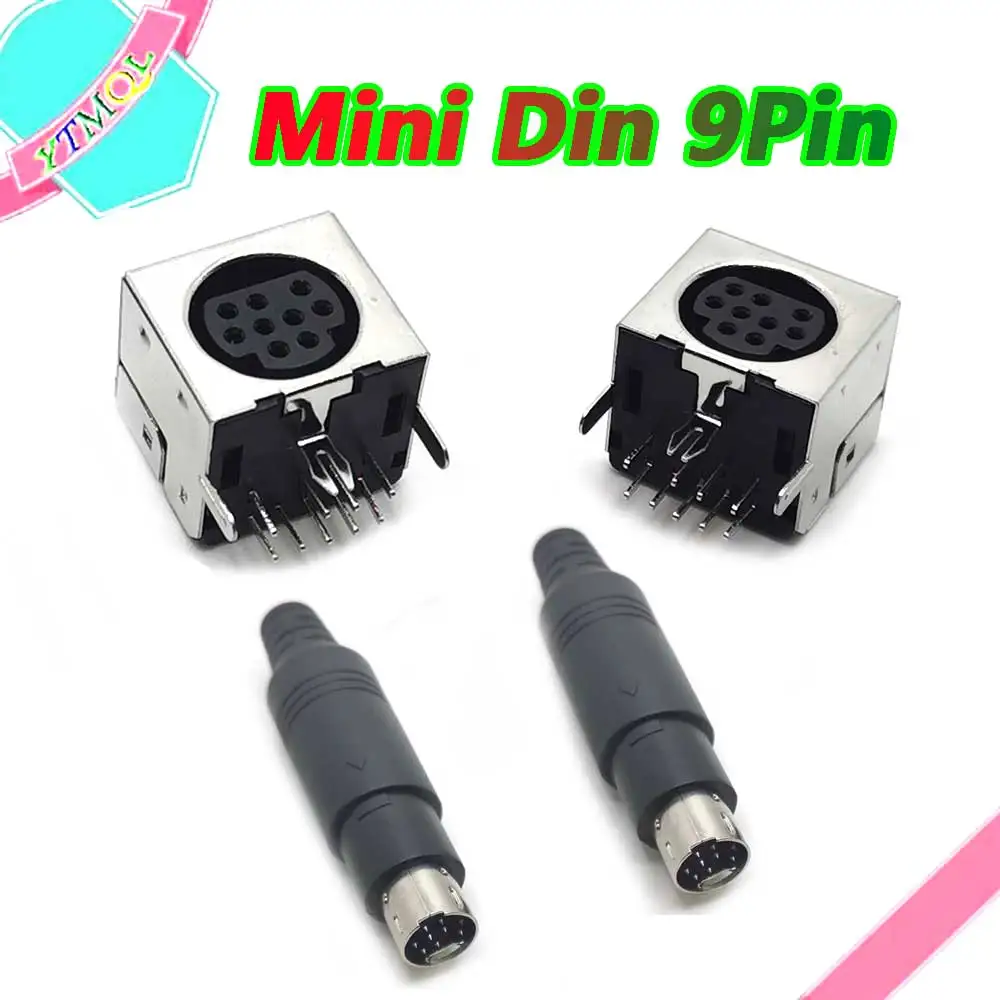 Mini Din  9 Pin Female Male Din Sockets MD-SM Shield Right Angle Through Holes PCB Circular Receptacle Connector