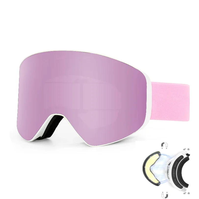 

Женские магнитные горнолыжные очки розового цвета с защитой от ультрафиолета, противотуманные, для мужчин, зимние, с высоким разрешением, большие, ветрозащитные, для сноуборда